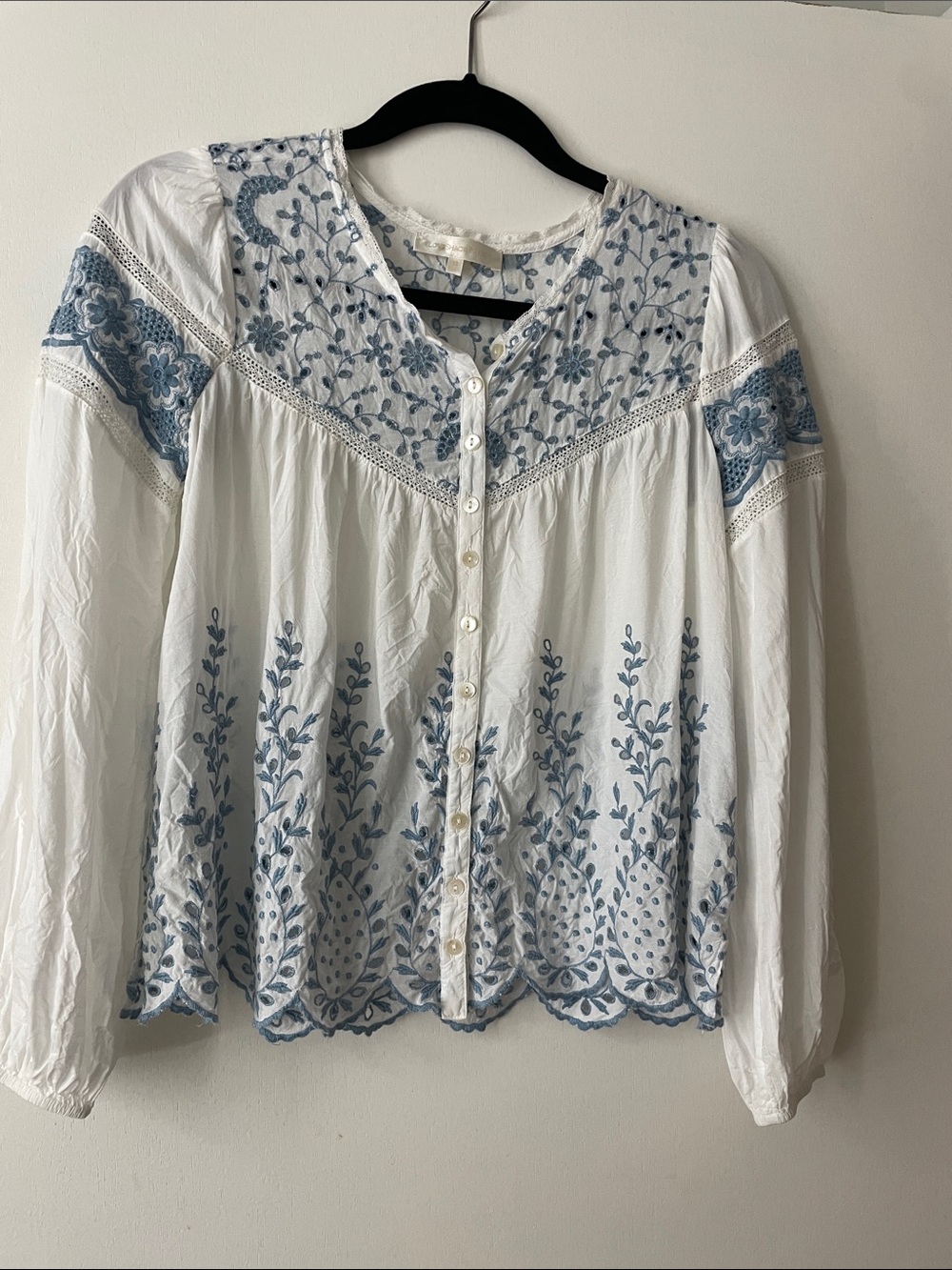 LoveShackFancy White Button-Down Blouse with Light Blue Floral Embroidery